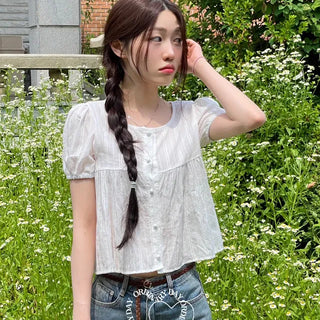 Tinkerbell Yeori Bean Button Punching Cotton Puff Short Sleeve Blouse