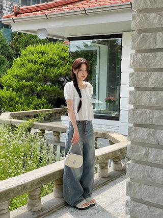 Tinkerbell Yeori Bean Button Punching Cotton Puff Short Sleeve Blouse