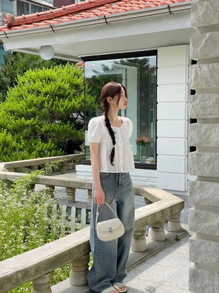 Tinkerbell Yeori Bean Button Punching Cotton Puff Short Sleeve Blouse