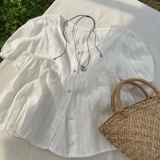 Tinkerbell Yeori Bean Button Punching Cotton Puff Short Sleeve Blouse
