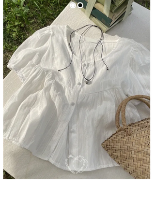 Tinkerbell Yeori Bean Button Punching Cotton Puff Short Sleeve Blouse