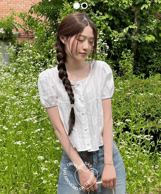 Tinkerbell Yeori Bean Button Punching Cotton Puff Short Sleeve Blouse