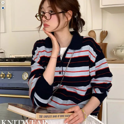 Celestine Kitsch Stripe Collar Neck Two-tone Long Sleeve Shibori Loose Fit Knit