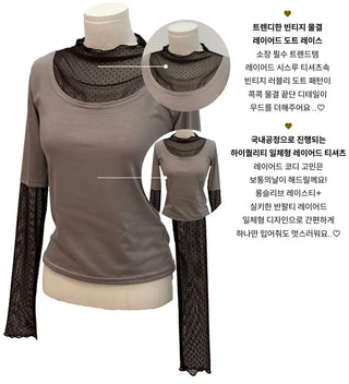 Harin Dot Frill Lace Wave Long Sleeve Short Sleeve Color Block Layered T-Shirt