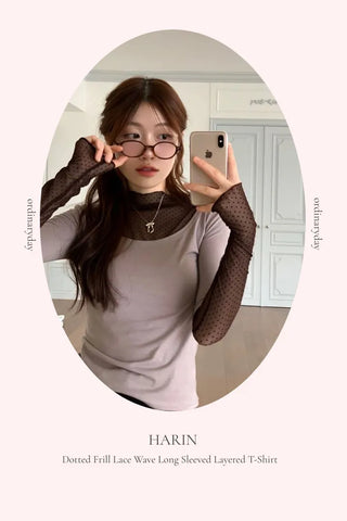 Harin Dot Frill Lace Wave Long Sleeve Short Sleeve Color Block Layered T-Shirt