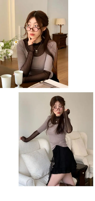 Harin Dot Frill Lace Wave Long Sleeve Short Sleeve Color Block Layered T-Shirt