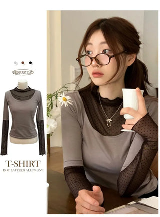 Harin Dot Frill Lace Wave Long Sleeve Short Sleeve Color Block Layered T-Shirt