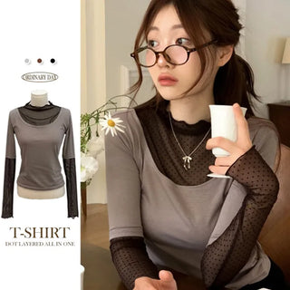 Harin Dot Frill Lace Wave Long Sleeve Short Sleeve Color Block Layered T-Shirt