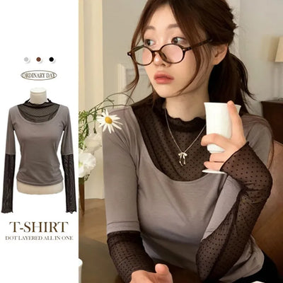 Harin Dot Frill Lace Wave Long Sleeve Short Sleeve Color Block Layered T-Shirt