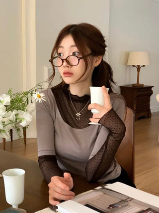 Harin Dot Frill Lace Wave Long Sleeve Short Sleeve Color Block Layered T-Shirt