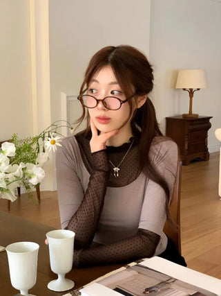 Harin Dot Frill Lace Wave Long Sleeve Short Sleeve Color Block Layered T-Shirt