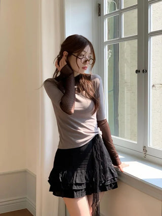 Harin Dot Frill Lace Wave Long Sleeve Short Sleeve Color Block Layered T-Shirt