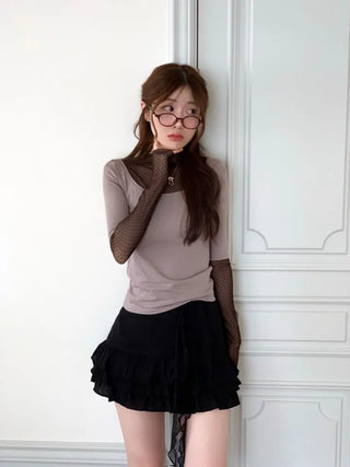 Harin Dot Frill Lace Wave Long Sleeve Short Sleeve Color Block Layered T-Shirt