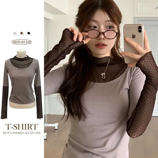 Harin Dot Frill Lace Wave Long Sleeve Short Sleeve Color Block Layered T-Shirt