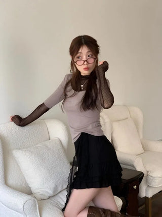 Harin Dot Frill Lace Wave Long Sleeve Short Sleeve Color Block Layered T-Shirt