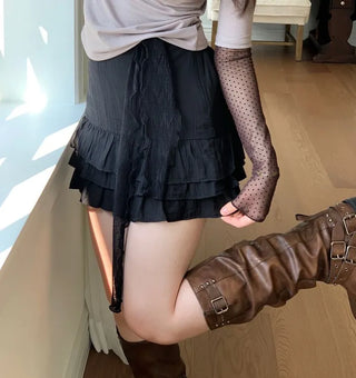 Harin Dot Frill Lace Wave Long Sleeve Short Sleeve Color Block Layered T-Shirt