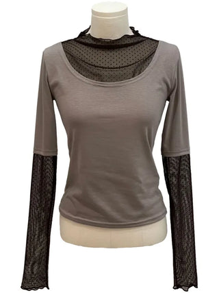 Harin Dot Frill Lace Wave Long Sleeve Short Sleeve Color Block Layered T-Shirt