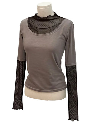 Harin Dot Frill Lace Wave Long Sleeve Short Sleeve Color Block Layered T-Shirt