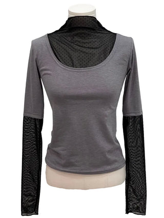 Harin Dot Frill Lace Wave Long Sleeve Short Sleeve Color Block Layered T-Shirt