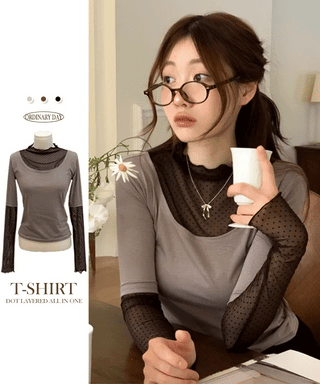 Harin Dot Frill Lace Wave Long Sleeve Short Sleeve Color Block Layered T-Shirt