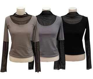 Harin Dot Frill Lace Wave Long Sleeve Short Sleeve Color Block Layered T-Shirt