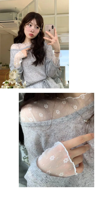 Poeni Wave Small Flower Flower Lace See-through Layered Long Sleeve T-shirt