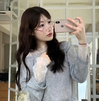 Poeni Wave Small Flower Flower Lace See-through Layered Long Sleeve T-shirt