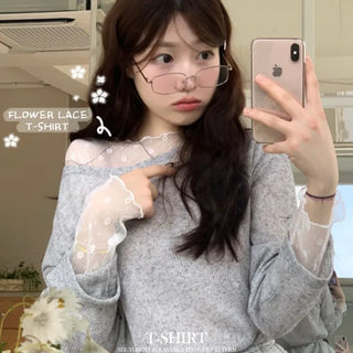 Poeni Wave Small Flower Flower Lace See-through Layered Long Sleeve T-shirt