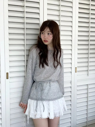 Poeni Wave Small Flower Flower Lace See-through Layered Long Sleeve T-shirt