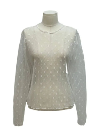 Poeni Wave Small Flower Flower Lace See-through Layered Long Sleeve T-shirt