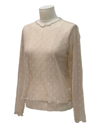 Poeni Wave Small Flower Flower Lace See-through Layered Long Sleeve T-shirt