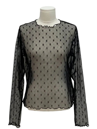 Poeni Wave Small Flower Flower Lace See-through Layered Long Sleeve T-shirt