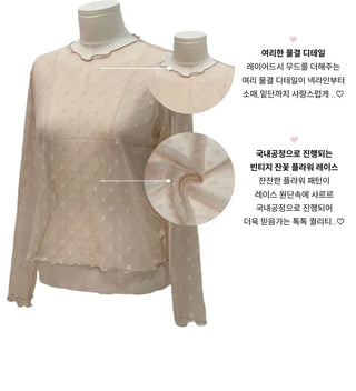 Poeni Wave Small Flower Flower Lace See-through Layered Long Sleeve T-shirt
