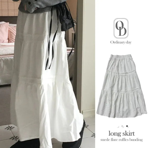 Veil Soft Vintage Mori Suede Flare Frill Banding Long Skirt