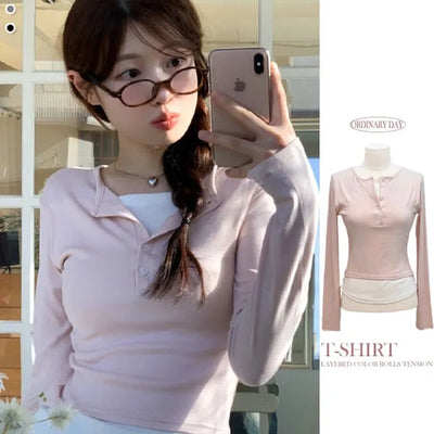 Elin Yeori Glam Layered Color Block Button Rolled Long Sleeve T-Shirt