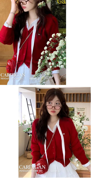 Dazzling Pendant Symbol Cut-off Fit Button V-Neck Loose-Fit Knit Cardigan
