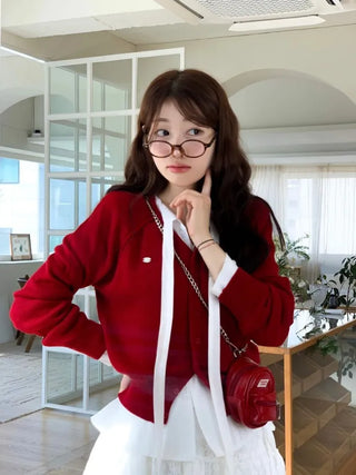 Dazzling Pendant Symbol Cut-off Fit Button V-Neck Loose-Fit Knit Cardigan