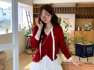 Dazzling Pendant Symbol Cut-off Fit Button V-Neck Loose-Fit Knit Cardigan