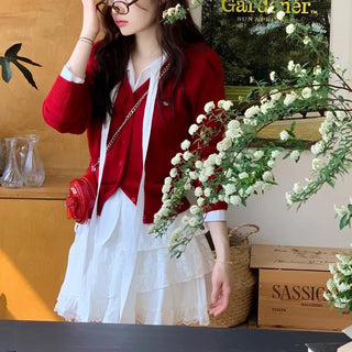 Dazzling Pendant Symbol Cut-off Fit Button V-Neck Loose-Fit Knit Cardigan