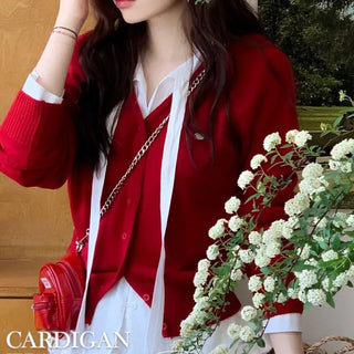 Dazzling Pendant Symbol Cut-off Fit Button V-Neck Loose-Fit Knit Cardigan