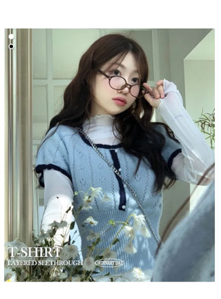 Lenerlin Loose Fit Lace Layered See-Through Wave Long Sleeve Warmer T-Shirt