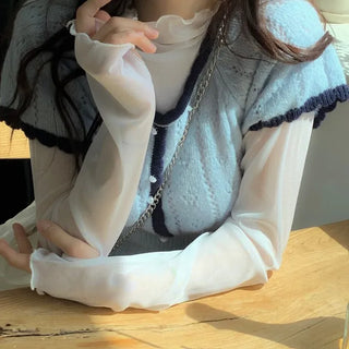 Lenerlin Loose Fit Lace Layered See-Through Wave Long Sleeve Warmer T-Shirt