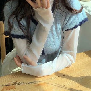 Lenerlin Loose Fit Lace Layered See-Through Wave Long Sleeve Warmer T-Shirt