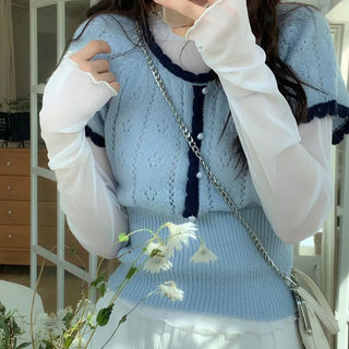 Lenerlin Loose Fit Lace Layered See-Through Wave Long Sleeve Warmer T-Shirt