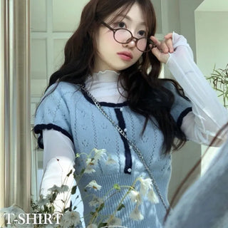Lenerlin Loose Fit Lace Layered See-Through Wave Long Sleeve Warmer T-Shirt