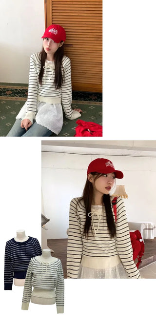 Licia punching ribbon strap wave stripe marine knit