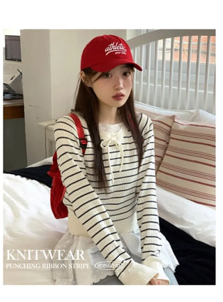 Licia punching ribbon strap wave stripe marine knit