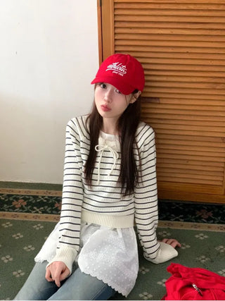 Licia punching ribbon strap wave stripe marine knit