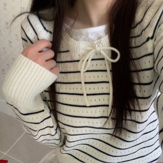 Licia punching ribbon strap wave stripe marine knit