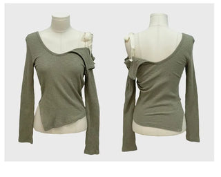 Lips Diagonal Team Ribbon One Shoulder Long Sleeve T-Shirt